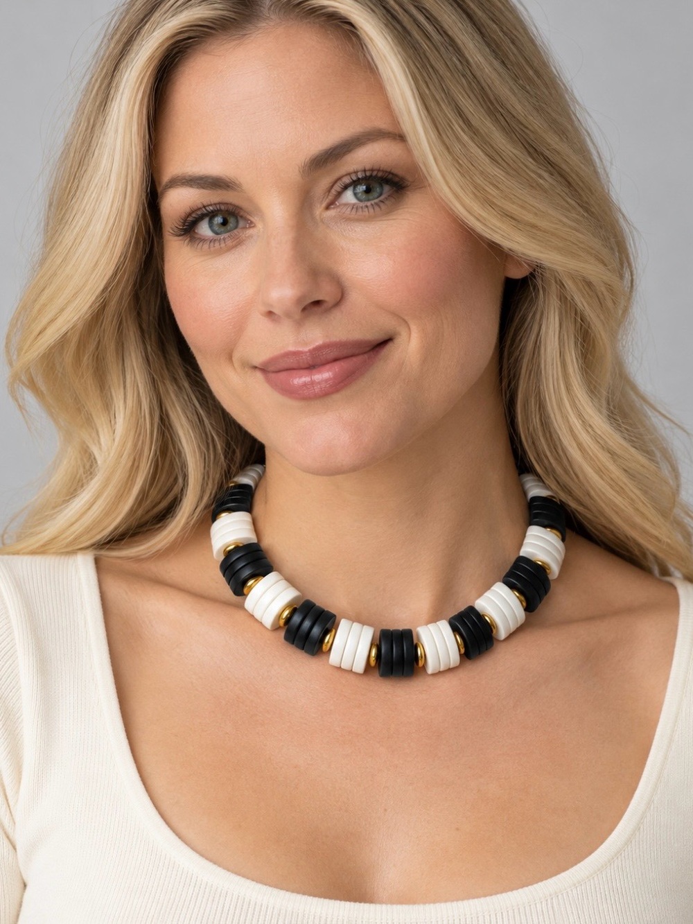 Vintage Black And White Necklace With Gold Spacers